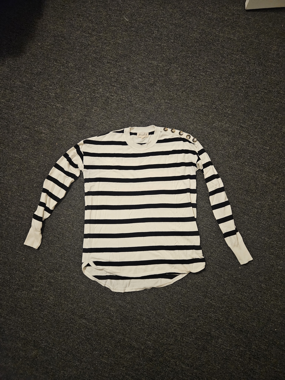 Black and White Striped Long-Sleeve Top with Shoulder Buttons